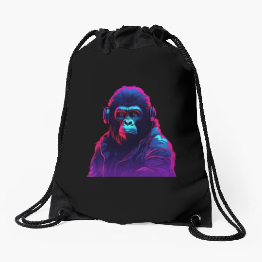 Synthwave Neon Beats of a Gorilla Drawstring Bags