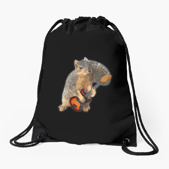 Squirrel Playing Guitar Drawstring Bags