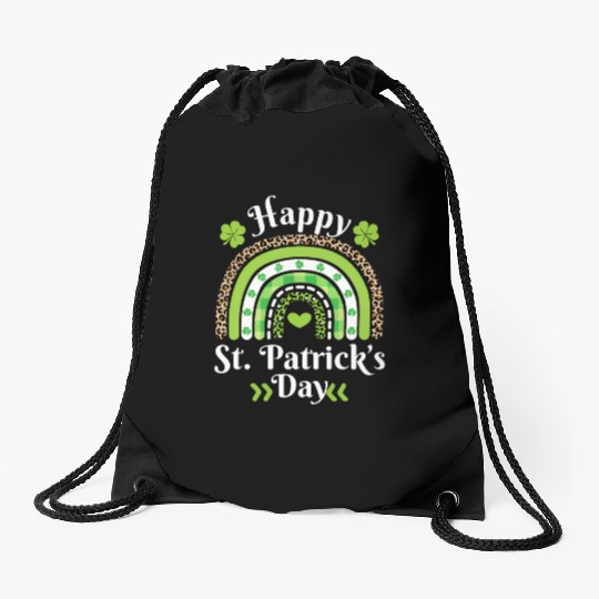 Happy St Patric Day Leopard Print Rainbow Drawstring Bags