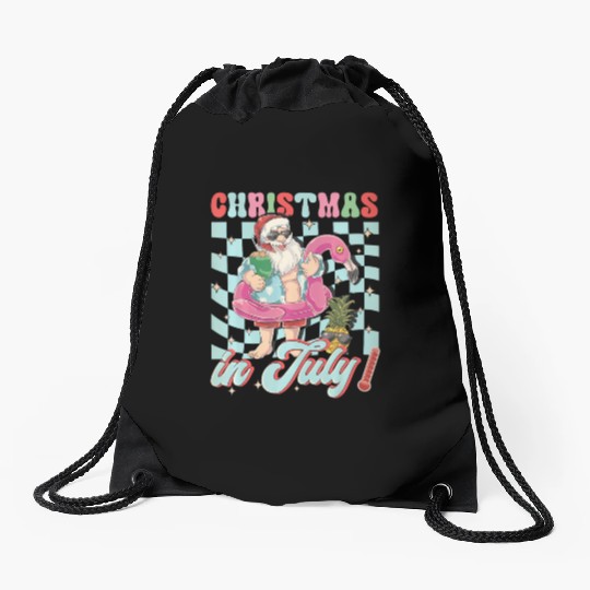 Christmas In July Groovy Santa Flamingo Float Drawstring Bags