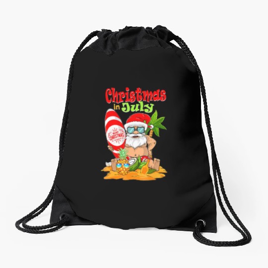 Christmas In July Funny Santa Summer Beach Drawstring Bags