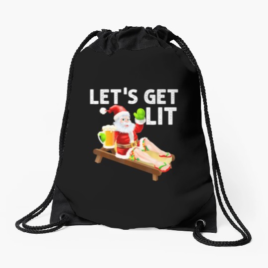 Lets Get Lit Santa Funny Christmas In July Santa Drawstring Bags