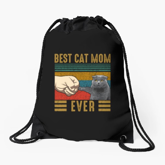 Vintage Best Cat Mom Ever Mothers Day Scottish Fol Drawstring Bags