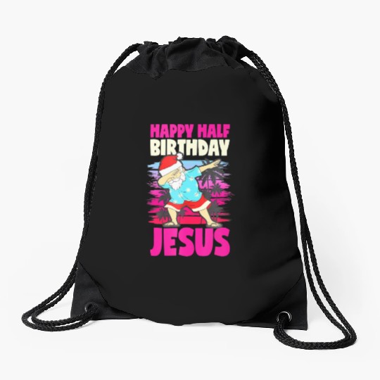 Happy Half Birthday Jesus Dabbing Santa Christmas Drawstring Bags