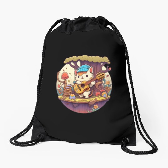 Cute Kawaii Cat Playing Guitar Banjo On Log Drawstring Bags