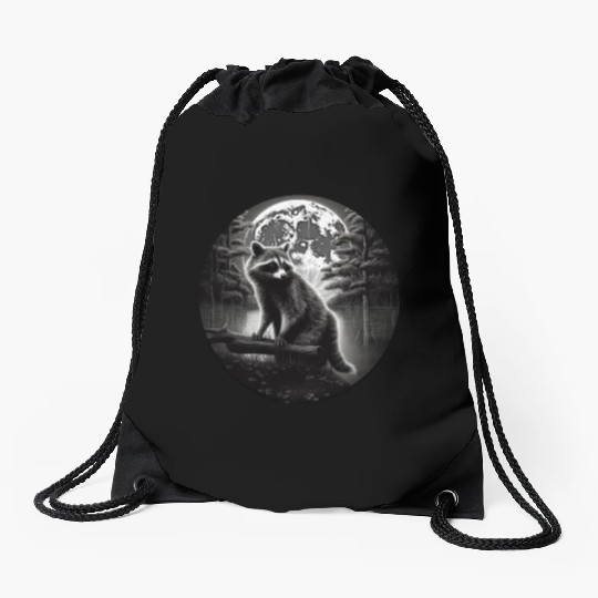 Raccoon Moon Forest Artwork Animal Art Raccoon Drawstring Bags