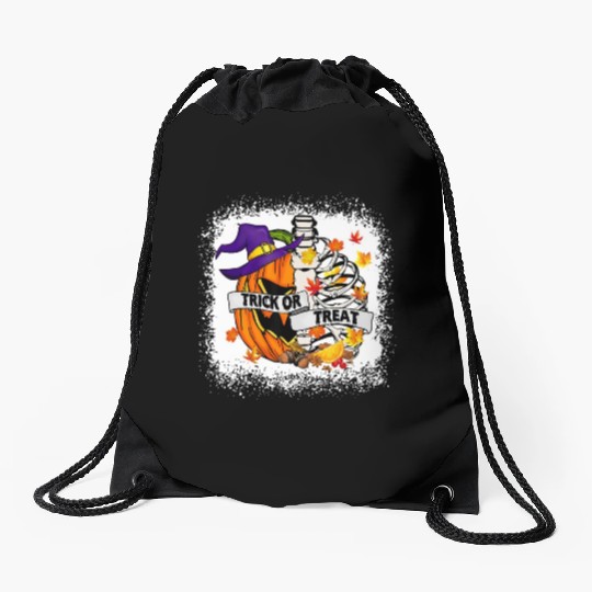 Retro Fall Leaves Trick Or Treat Halloween Pumpkin Drawstring Bags