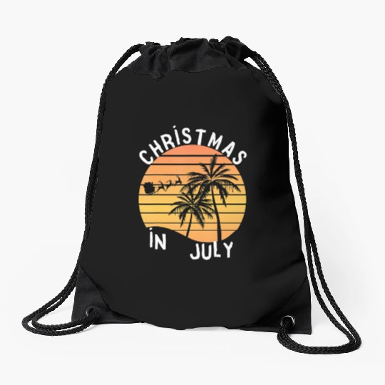 Christmas In July Santa Sledge Sunset Palm Summer Drawstring Bags