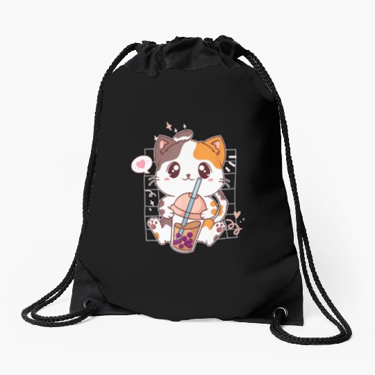 Cat Boba Tea Bubble Tea Kawaii Anime Japanese Drawstring Bags