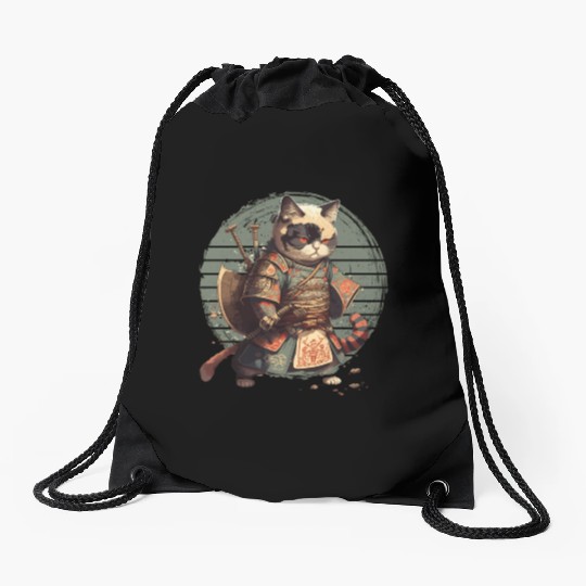 Samurai Cat Warrior Japanese Ninja Cat Kawaii Drawstring Bags