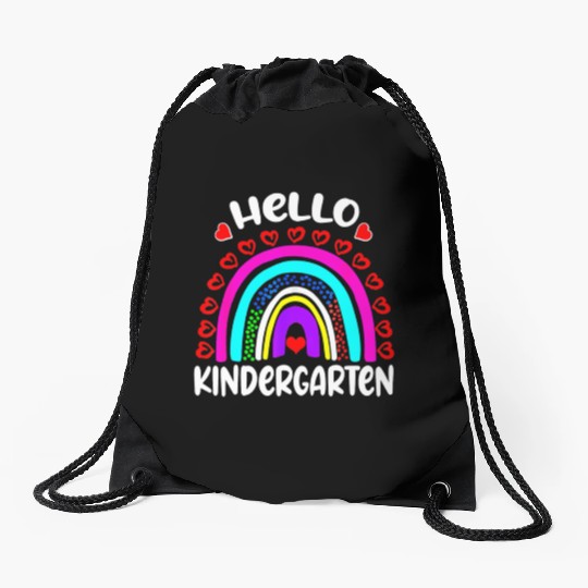 Hello Kindergarten Rainbow Heart Back To School Drawstring Bags