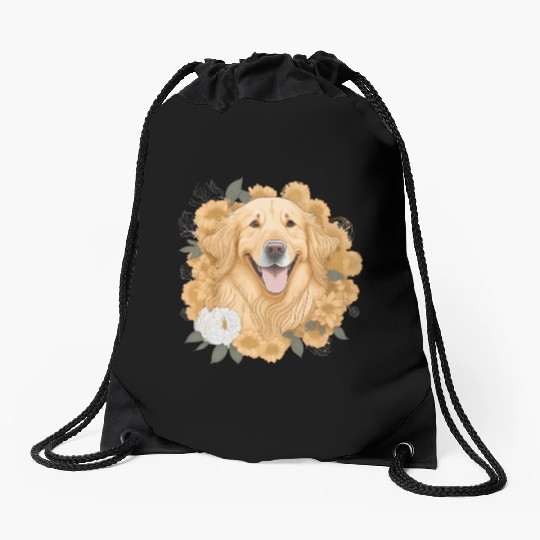 Dog Wo Golden Retriever Flower Print Floral Drawstring Bags
