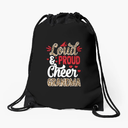 Cheer Grandma Biggest Fan Leopard Print And Pom Po Drawstring Bags