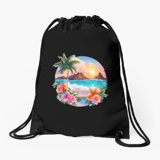Tropical Serenity: Majestic Palm Tree and Sunset Drawstring Bags