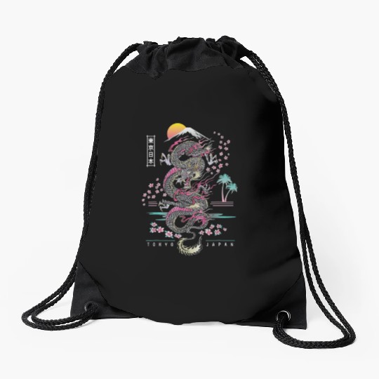 Japanese Dragon Asian Neon retro 80s style Drawstring Bags