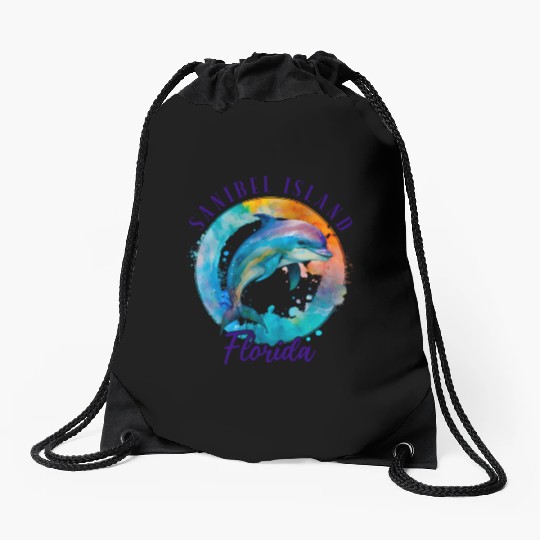 Sanbiel Island Florida Happy Watercolor Dolphin Drawstring Bags