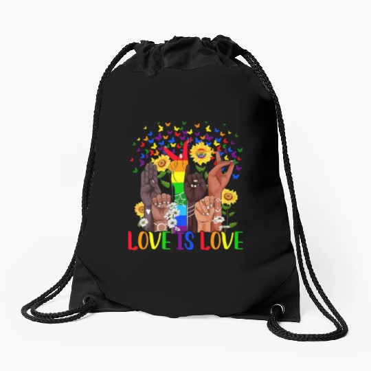 Love Es Love Rainbow Hands And Butterfly Motifs Pr Drawstring Bags