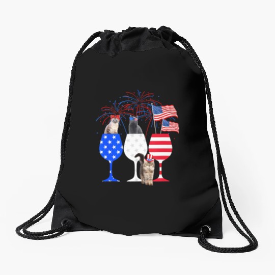 Cat 4Th Of July Red White Blue Wine Drawstring Bags