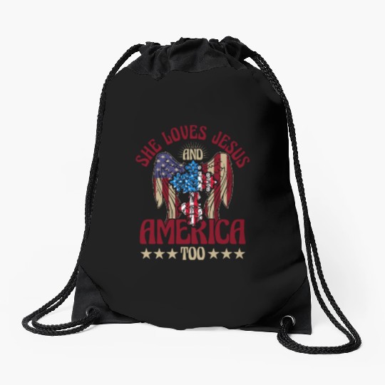 She loves jesus and America too Drawstring Bags