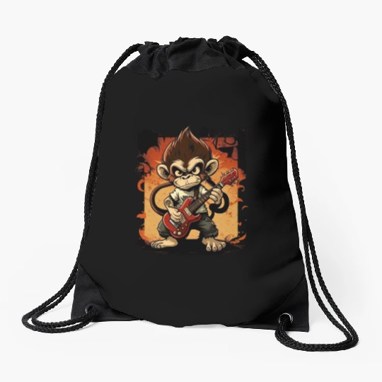 Monkey Chimpanzee Playing Acousitc Rock Guitar Drawstring Bags