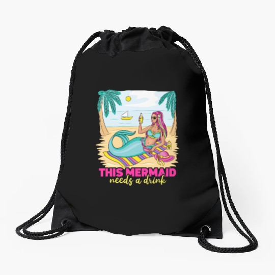 This Mermaid Needs a Drink Fantasy Beach Outing Drawstring Bags