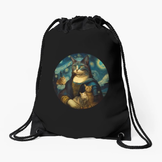 Mona Lisa With Cats Starry Night Van Gogh Painting Drawstring Bags