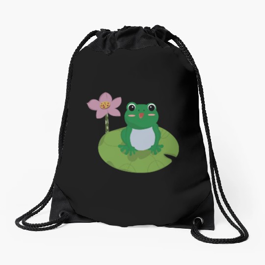 Green Frog on Lotus Leaf vector. Drawstring Bags