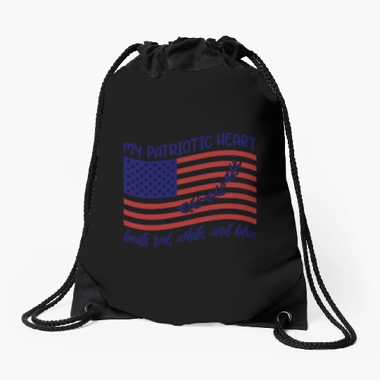 My patriotic heart beats red white and blue Drawstring Bags