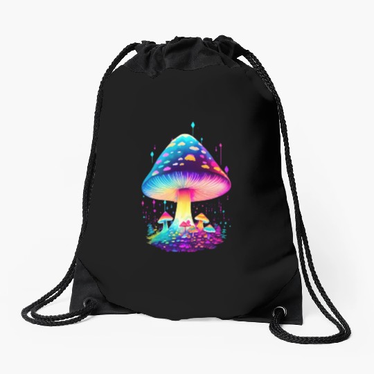 Enchanting Fungi: A Neon Wonderland Drawstring Bags