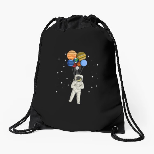Astronaut Holding Planet Balloons of Solar System Drawstring Bags