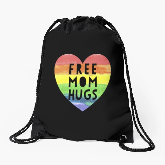 Free Mom Hugs LGBTQ Plus Rainbow Heart Free Hugs Drawstring Bags