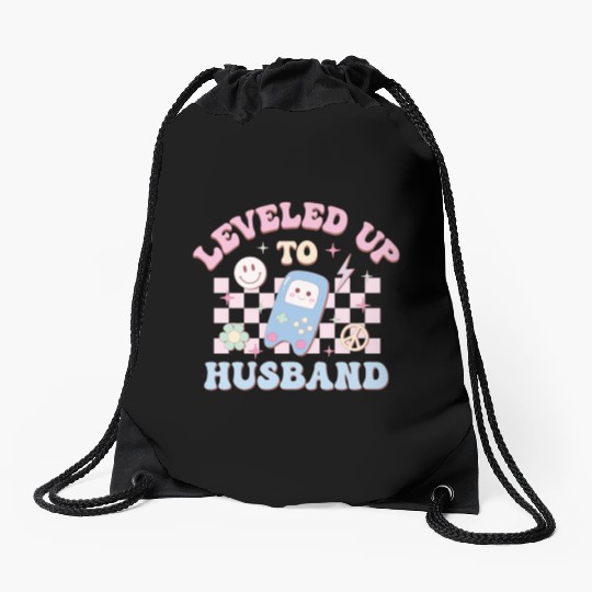 Leveled Up To Husband, Happy Game Day Drawstring Bags