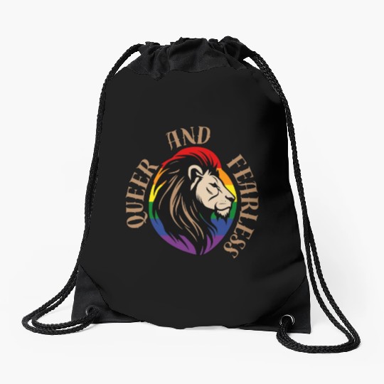 LGBTQ Queer and Fearless, Lion with Rainbow Flag Drawstring Bags