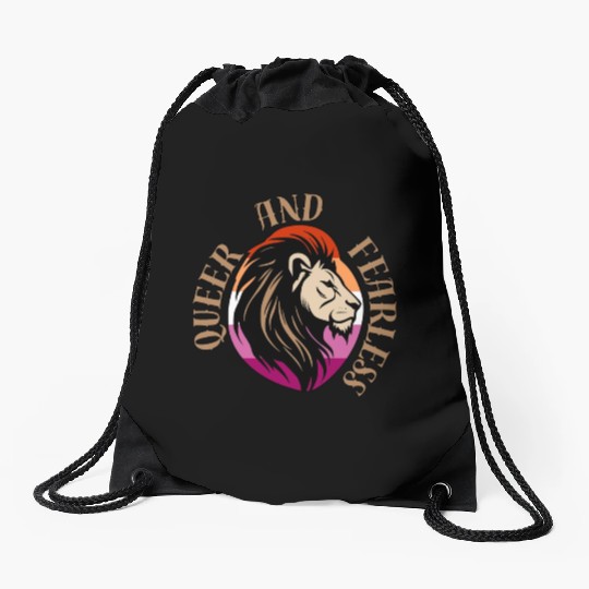 LGBTQ Queer and Fearless, Lion with Lesbian Flag Drawstring Bags