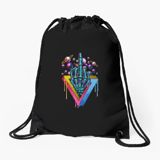 Trippy skeleton middle finger Drawstring Bags