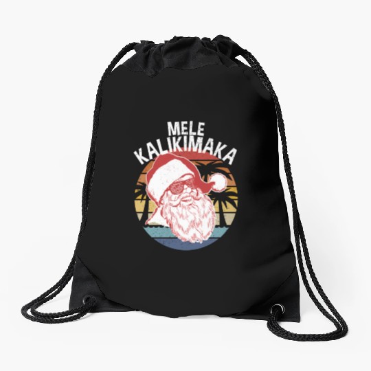 Mele Kalikimaka Hipster Santa Palm Trees Drawstring Bags