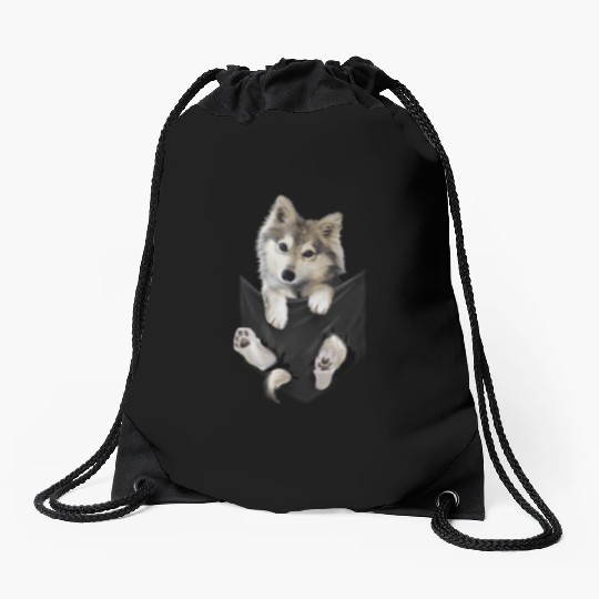 Wolf White Pup In Pocket Wolves Drawstring Bags