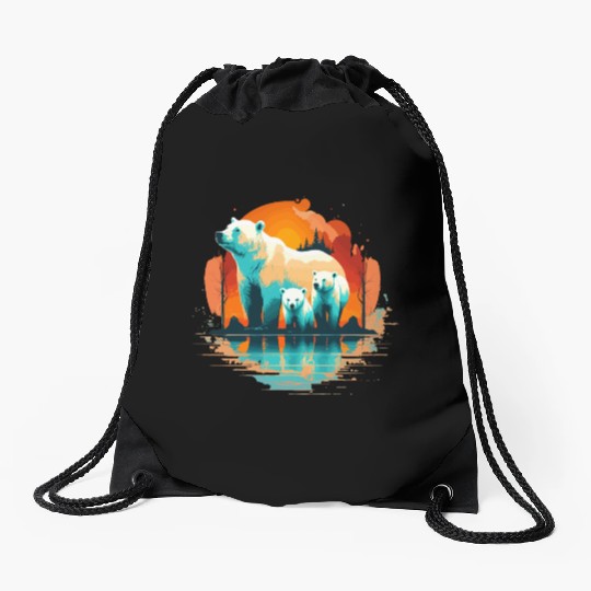 Polar Bear with cubs, Snow Spectrum Drawstring Bags