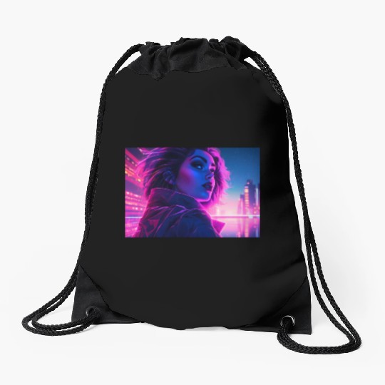 Synthwave Girl - Futuristic Design neon colors Drawstring Bags