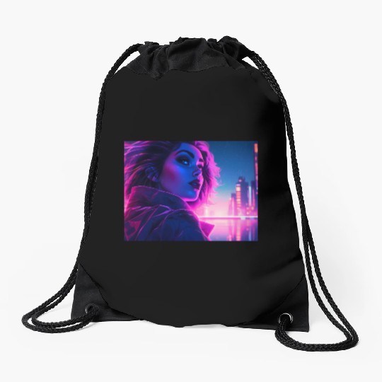 Synthwave girl in front of a neon light city Drawstring Bags