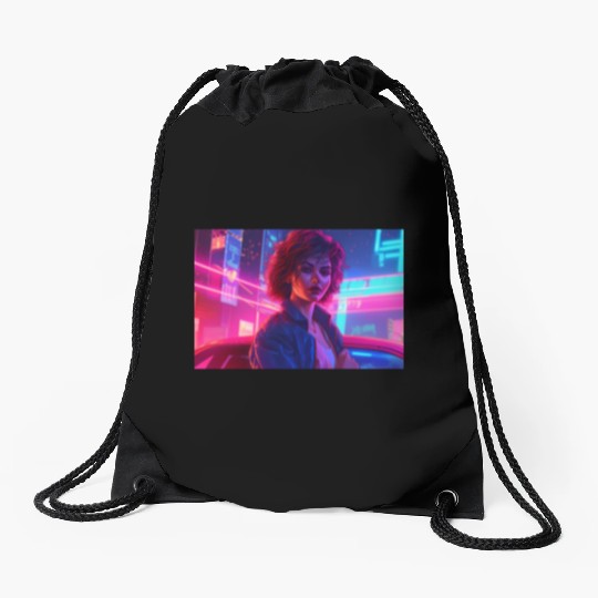 Synthwave Girl - Anime Portrait in Neon Colors Drawstring Bags
