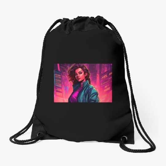 Girl in front of a Neon Pink Cityscape Drawstring Bags