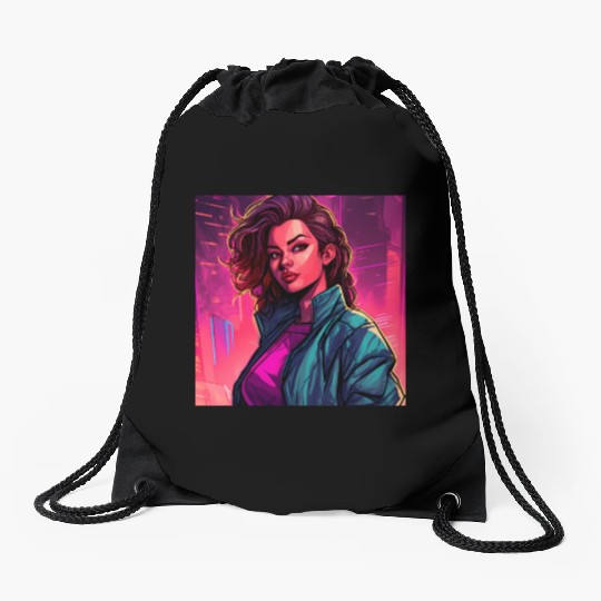 Synthwave City Bloom - Neon Pink Cityscape Drawstring Bags