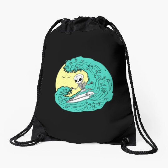 Skeleton surfing on Wave Drawstring Bags