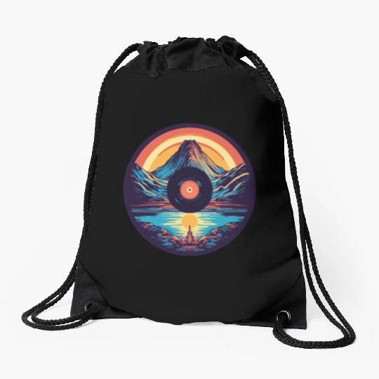 Retro Mountain Landscape: Vinyl Meets Art Drawstring Bags
