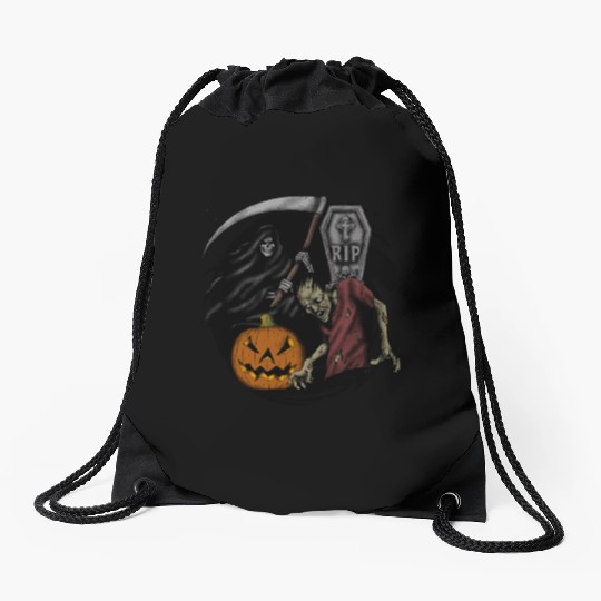 Scary pumpkin zombie Halloween grim reaper Drawstring Bags