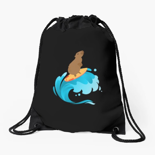 A good wave of surfing capybara Drawstring Bags