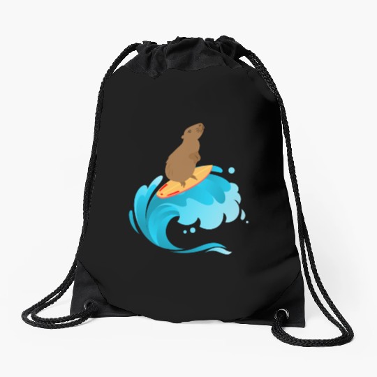 A good wave of surfing capybara Drawstring Bags