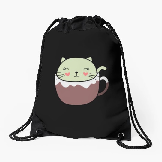Mint Hot Cocoa Cat in Coffee Mug Drawstring Bags