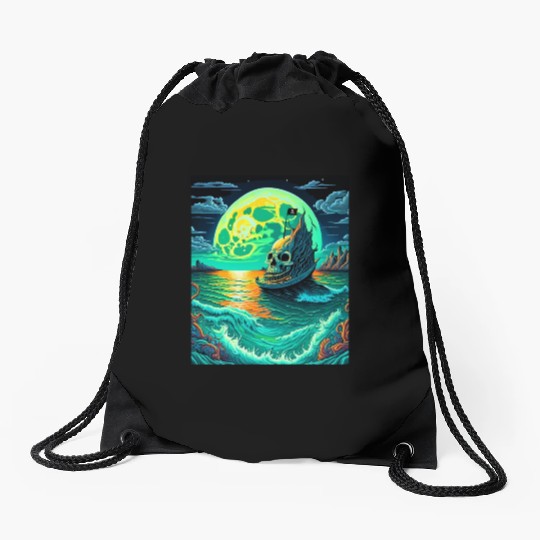 Pirate Ship With A Skull At Full Moon Drawstring Bags